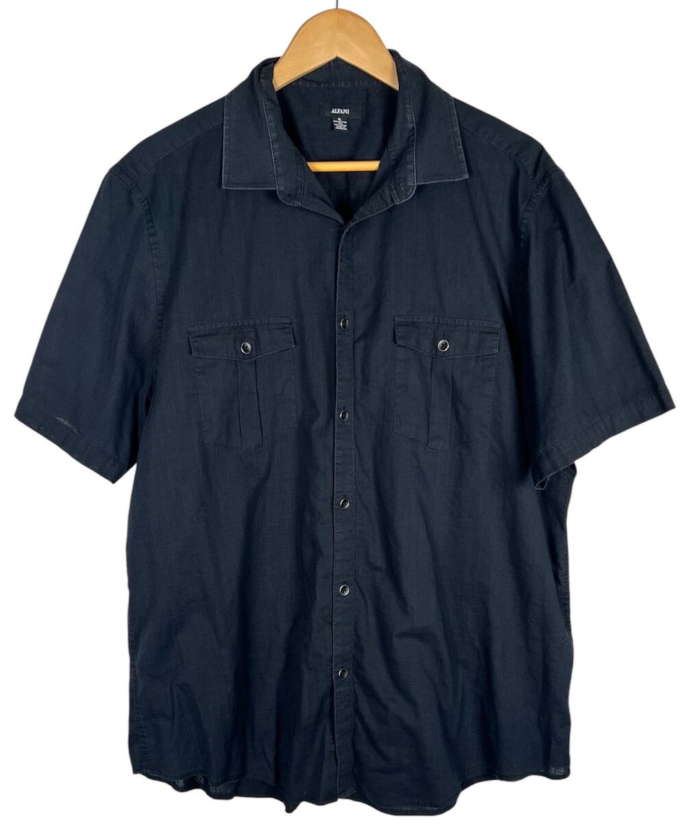 Alfani Men's Short Sleeve Utility Cotton Blend Button Up Black Shirt XL